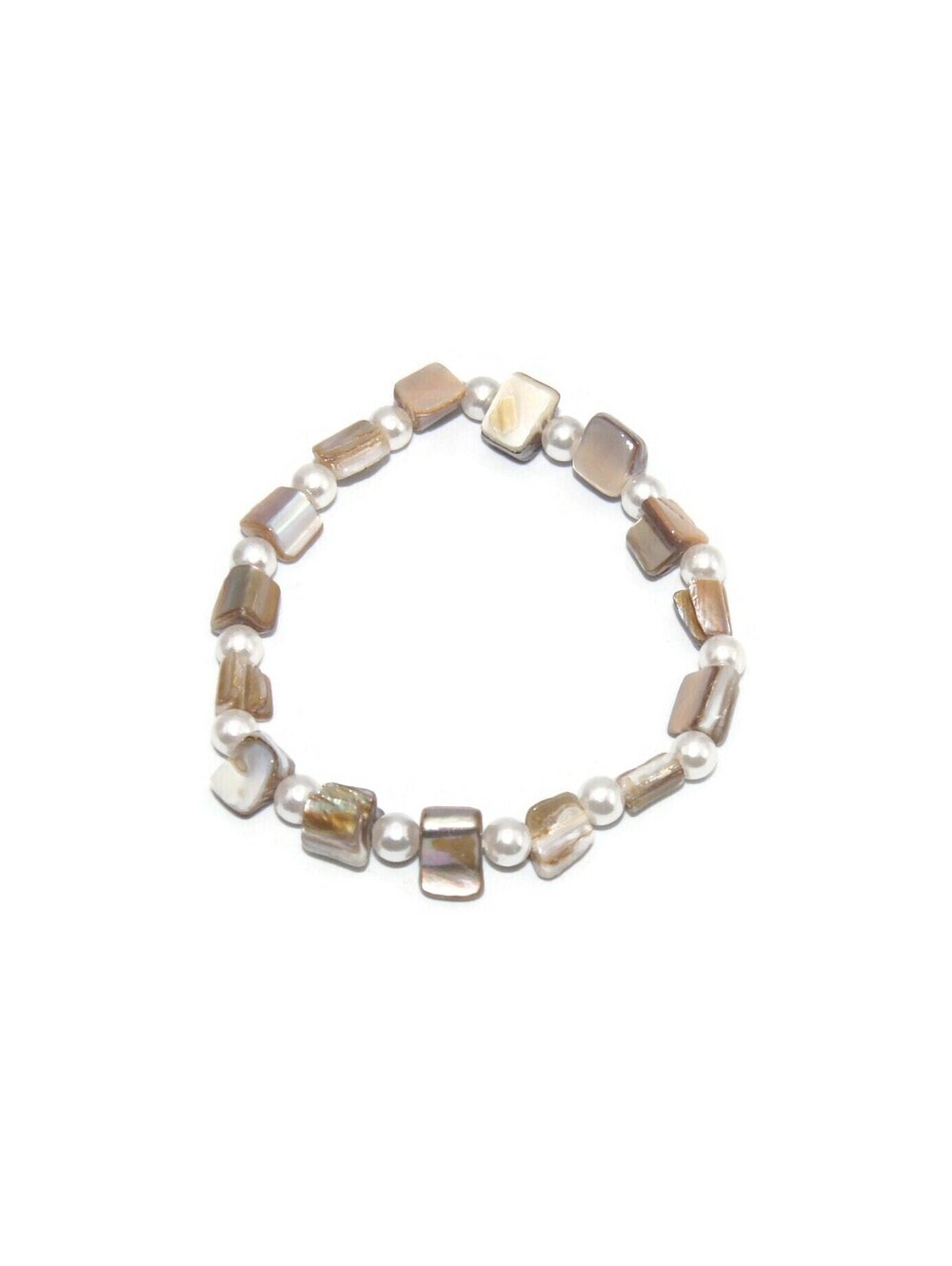 Vintage Mother of Pearl and Faux Pearls 7 Inch Elastic Bracelet.